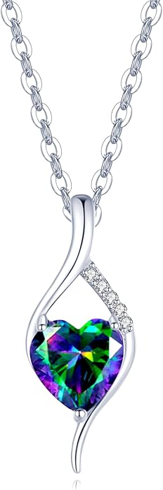 FANCIME 14K Solid White Gold Birthstone Necklace Genuine or Created 6mm Heart Gemstone Pendant with Lab Grow Diamonds Sterling Silver Chain Fine Jewelry Anniversary Birthday Gifts for Women 16" + 2"