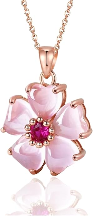 VONSSY Elegant Cherry Blossom Necklace Earrings Pink Cats Eye Flower Flora Sakura Gemstone Crystal Pendant 18k Gold Plated Chain Jewelry Set Gift for Woman Wife Girlfriend