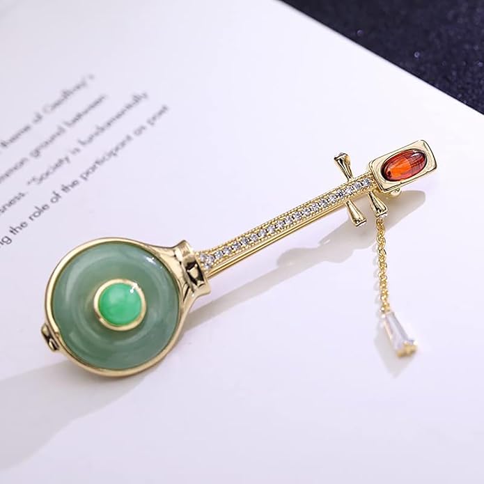 14K Gold Pipa-Shaped Brooch with Moissanite Accents - Elegant Chinoiserie Handcrafted Jewelry, Unique Shawl Pin for Women, Ideal Gift for Birthdays and Special Events