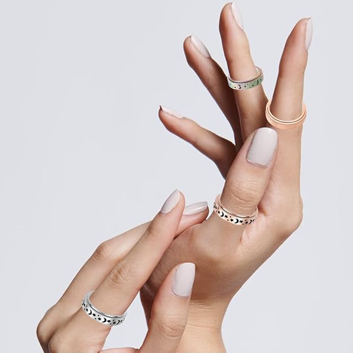 AmorArtSky Anxiety Ring for Women Men, Titanium Stainless Steel Spinner Ring, 5 Colors, 6MM, Size 6-10, 3 Styles Anxiety Ring-Moon Star, Sandblasted Finished, Hollow Outer