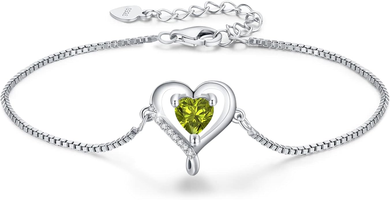 LAVUMO Love Heart Bracelets for Women 925 Silver Charm Birthstone Bracelet Adjustable Anniversary Birthday Jewelry Gifts for Women Girlfriend Wife Daughter Mom Her