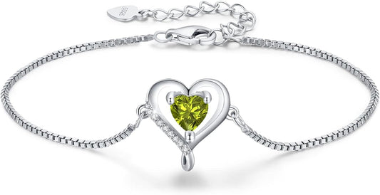 LAVUMO Love Heart Bracelets for Women 925 Silver Charm Birthstone Bracelet Adjustable Anniversary Birthday Jewelry Gifts for Women Girlfriend Wife Daughter Mom Her