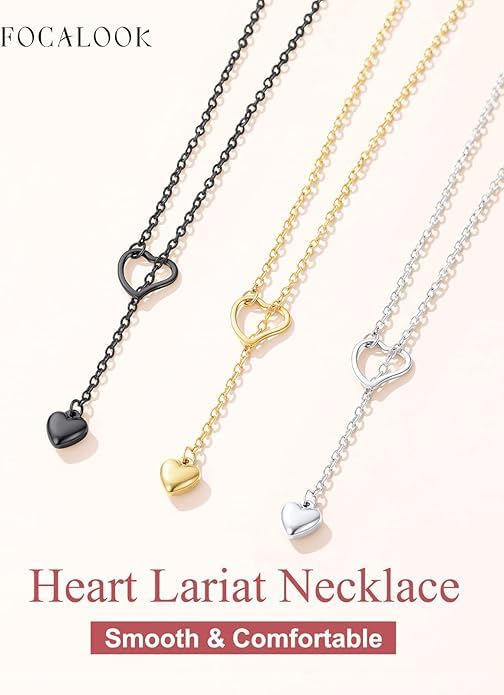FOCALOOK Lariat Y-Necklaces | Long Necklaces for Women | Long Black Necklaces | Gold Necklaces for Women | Drop Heart Necklaces for Women | Front Adjustable Long Chain Necklace