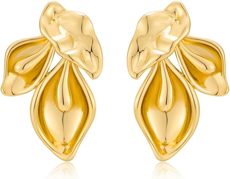 Chunky Gold Statement Earrings For Women Gold Plated Sectored Flower Leaf Shell Angel Wing Earrings Large Stud Earrings Hypoallergenic Earrings