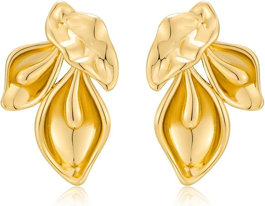 Chunky Gold Statement Earrings For Women Gold Plated Sectored Flower Leaf Shell Angel Wing Earrings Large Stud Earrings Hypoallergenic Earrings