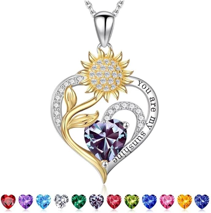 Iefil Christmas Gifts for Women Wife Mom - Sunflower Birthstone Necklace for Women, Anniversary Birthday Gifts 925 Sterling Silver Heart Pendant You Are My Sunshine Jewelry for Girlfriend Mom Daughter
