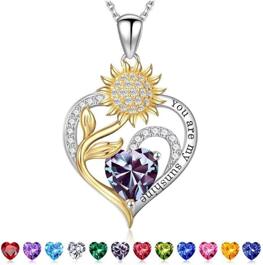 Iefil Christmas Gifts for Women Wife Mom - Sunflower Birthstone Necklace for Women, Anniversary Birthday Gifts 925 Sterling Silver Heart Pendant You Are My Sunshine Jewelry for Girlfriend Mom Daughter