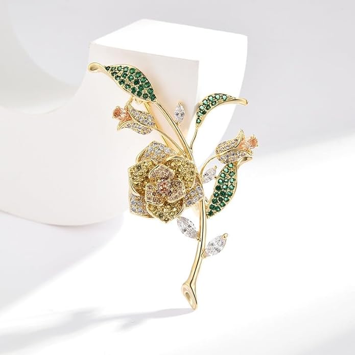 Flower Brooch for Women Girls Flower Rhinestone Brooch Gold Plated Lapel Pin Clothing Accessory Wedding Gift Fashion Jewelry for Mom Wife
