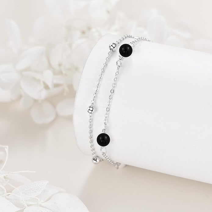 CRMAD Pearl/Moonstone/Larimar/Turquoise/Opal/Black Onyx Bracelet Anklet for Women Sterling Silver Beach Jewelry Gift for Women