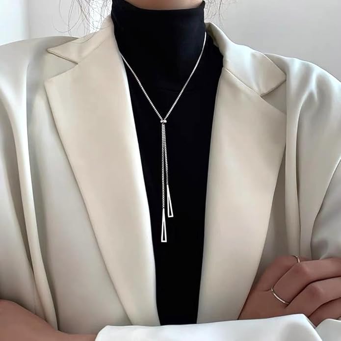 14K Gold Statement Y Necklace for Women,Dainty Double Triangle Pendant Necklace Long Link Chain Lariat Collar Necklace Minimalist Jewelry Gifts
