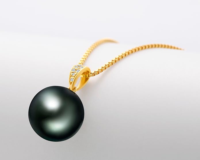 DENGGUANG 18K Gold Natural Black Pearl Pendant Necklace Pendant with Diamond 10-11mm Genuine Tahitian Cultured Round Pearls Jewelry Gifts for Women with 18" Silver Chain