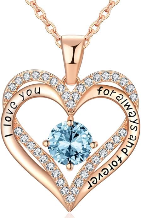 Birthstone Heart Necklace for Women Wife Girlfriend Mom Daughter Gifts S925 Silver Jewelry For Anniversary Rose Gold Gifts For Birthday Christmas Mothers Valentines Day