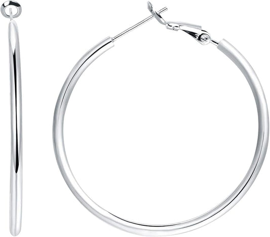 3 Pairs Sterling Silver Hoop Earrings, 14K White Gold Plated Big Hoop Earrings Set for Women 40 50 60MM