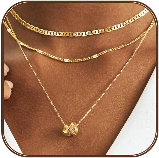 Gold Layered Necklaces for Women 14k Gold Plated Dainty Stackable Choker Necklaces for Women Trendy Layering Chain Cute Pendant Necklace Set Gold Jewelry for Women