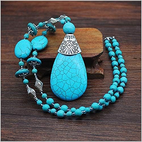 Bohemian Turquoise Necklace Set - Women's Western Jewelry with Long Choker, Pendant, Dangle Earrings, Layered Bracelets