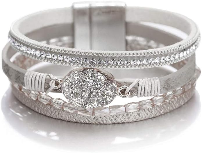 Fesciory Leopard Bracelet for Women, Boho Leather Wrap Multi-Layer Pearl Crystal Bracelet Bangle Jewelry