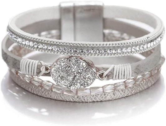 Fesciory Leopard Bracelet for Women, Boho Leather Wrap Multi-Layer Pearl Crystal Bracelet Bangle Jewelry