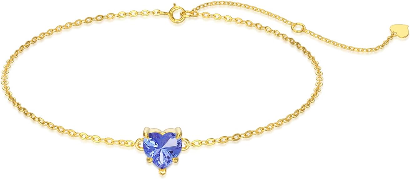 14k Gold Love Heart Gemstone Bracelet for Women,7MM Heart-cut Created Birthstone Anniversary Birthday Mother's Day Bracelets Jewelry for Mom Her 6.5''+2''