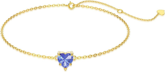 14k Gold Love Heart Gemstone Bracelet for Women,7MM Heart-cut Created Birthstone Anniversary Birthday Mother's Day Bracelets Jewelry for Mom Her 6.5''+2''