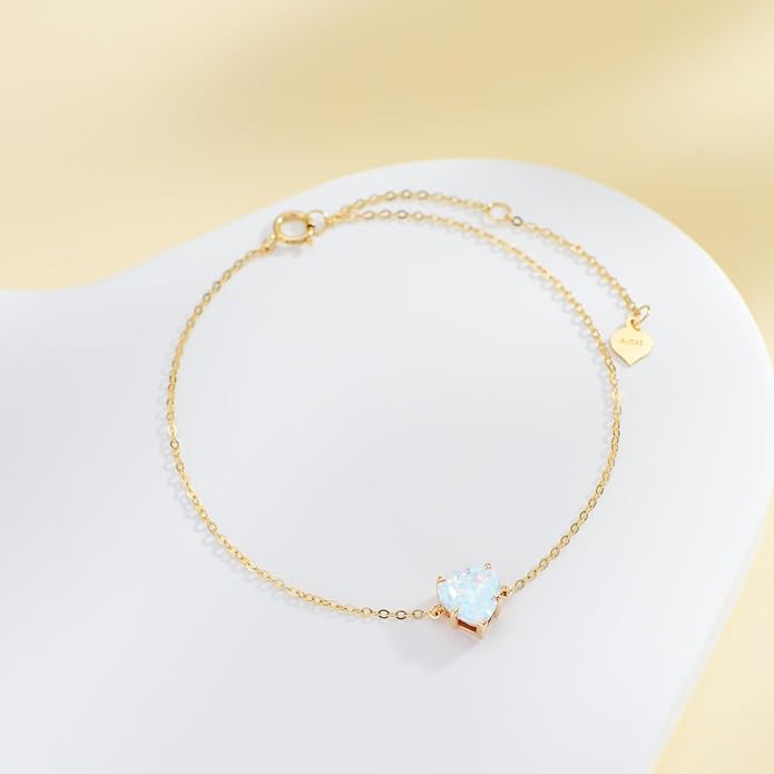 14k Gold Love Heart Gemstone Bracelet for Women,7MM Heart-cut Created Birthstone Anniversary Birthday Mother's Day Bracelets Jewelry for Mom Her 6.5''+2''