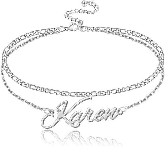 Personalized Name Ankle Bracelet for Women Custom Layered Name Anklet with Initials 18K Gold Plated Graduation Gift Customized Anklets for Women 8.7”-10.7”