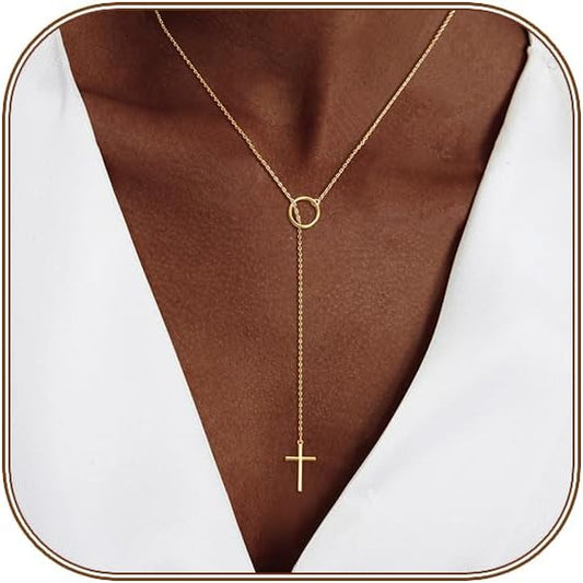 Lariat Gold Necklace for Women, Dainty Long Necklace 14k Gold Plated/Silver Y-Shaped Layered Beaded Chain Drop Necklaces for Women Trendy Simple Gold Jewelry for Women Gifts