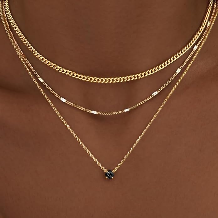 WomenGifts Layered Gold Necklaces for Women, 14K Gold Sterling Silver Plated Dainty Pendant Necklace Set with Cubic Zirconia Circle, Chunky Stackable Cuban Chain Choker, Trendy Personalized Birthstone Jewelry Gift Non Tarnish