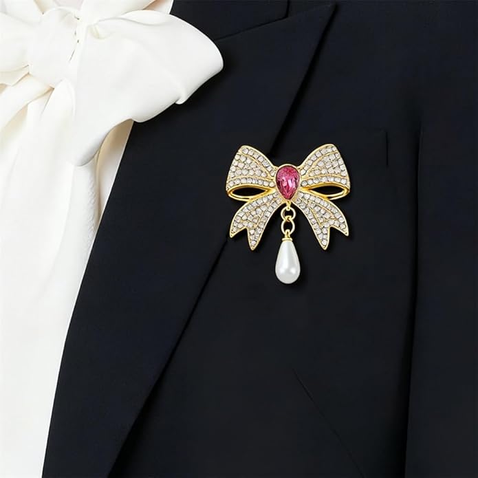 3PCS Vintage Pearl Rhinestone Bow Brooch Gold Brooches and Pins for Women Red Blue Green Gemstone Pearl Brooch Pins for Dresses Womens Clothes Corsage Clothing Accessories Jewelry Pins and Brooches