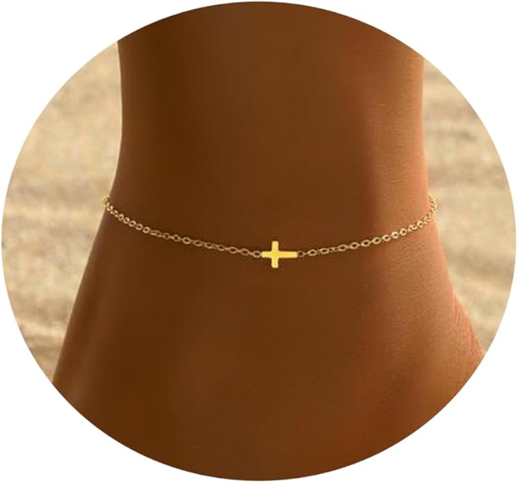 Ankle Bracelets for Women Dainty 18K Gold Plated Anklet Waterproof Round Beaded Paperclip Herringbone Pearl Chain Anklets Waterproof Beach Foot Jewelry