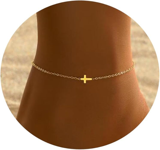 Ankle Bracelets for Women Dainty 18K Gold Plated Anklet Waterproof Round Beaded Paperclip Herringbone Pearl Chain Anklets Waterproof Beach Foot Jewelry