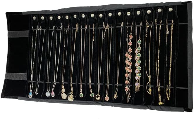 SCIKHEFT Portable Jewelry Roll Untangled Secure Necklace Travel Storage Bag Displays Holder 16 Chain (black PU and velvet)