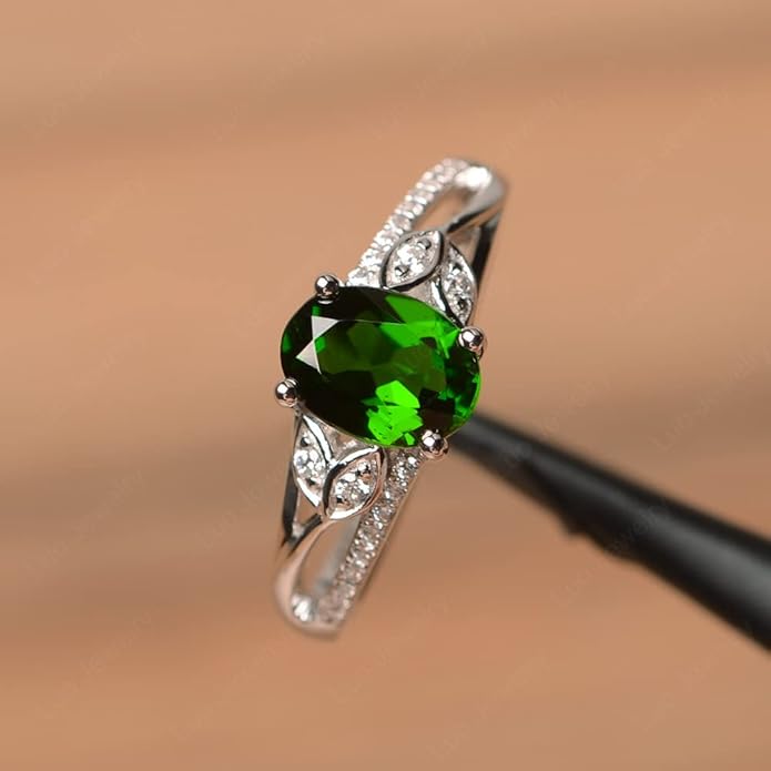 925 Sterling Silver Oval Shaped 8X6 MM Gemstone Ring Leaf Engagement Ring for Women Jewelry