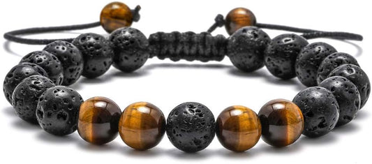 M MOOHAM Natural Stone Bracelets for Men - 8mm Tiger Eye, Matte Agate, Lava Rock - Teen Boys Gifts for Birthday, Anniversary, Christmas