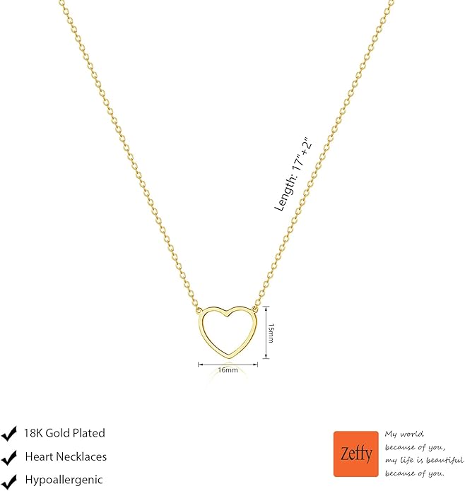Zeffy Cute Heart Necklace 18k Gold/Silver Plated Tiny Heart Pendant Choker Necklaces Gold Love Heart Chain Necklace for Women Dainty Gold Jewelry Valentines Day Gifts for Women Girls Teen Girls