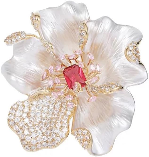 Rhinestone White Peony Brooch Pin - Gold Plated | Ideal Gift for Mom & Wife on Thanksgiving Day, Birthdays & Weddings