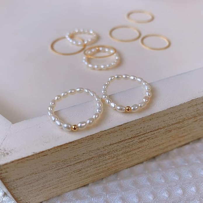 Vintage Boho Cultured Pearl Adjustable Beaded Wrap Ring,Trendy Elastic Freshwater Pearl Rings for Women,Fashion Heart Shell Stacking Rings for Men