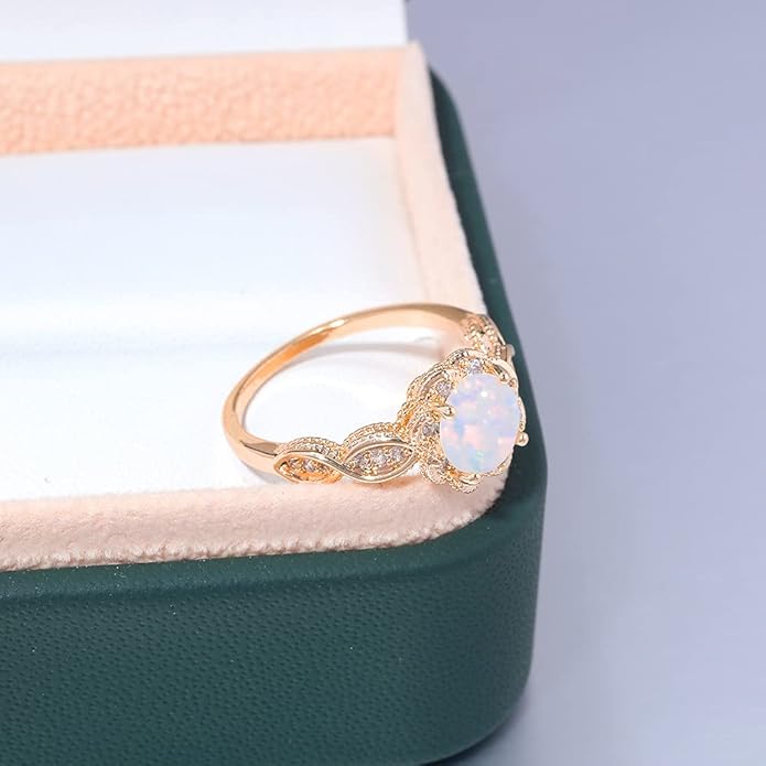 CiNily 18K Gold Plated Opal Ring-White Fire Opal & Amethyst & Cubic Zirconia Women Jewelry Gemstone Engagement Anniversary Ring Size 5-13