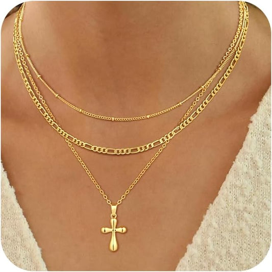 ASCOMY Gold Necklace for Women 14K Gold/Silver Plated Layered Necklaces Stackable Layering Cross Necklace Stacked Coin Pendant Pearl Herringbone Chain Stacking Gold Choker Trendy Jewelry Gift for Her