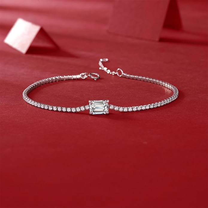 14K White Gold Over S925 Sterling Silver Intertwined Bracelet for Women with 1ct Round/Emerald Cut VS2 G-color Diamond, Simple and Sophisticated Present