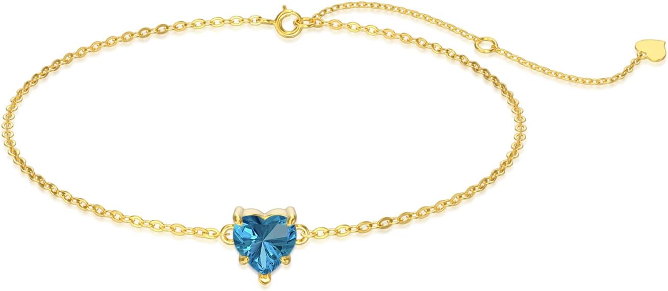 14k Gold Love Heart Gemstone Bracelet for Women,7MM Heart-cut Created Birthstone Anniversary Birthday Mother's Day Bracelets Jewelry for Mom Her 6.5''+2''