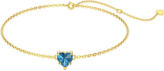 14k Gold Love Heart Gemstone Bracelet for Women,7MM Heart-cut Created Birthstone Anniversary Birthday Mother's Day Bracelets Jewelry for Mom Her 6.5''+2''