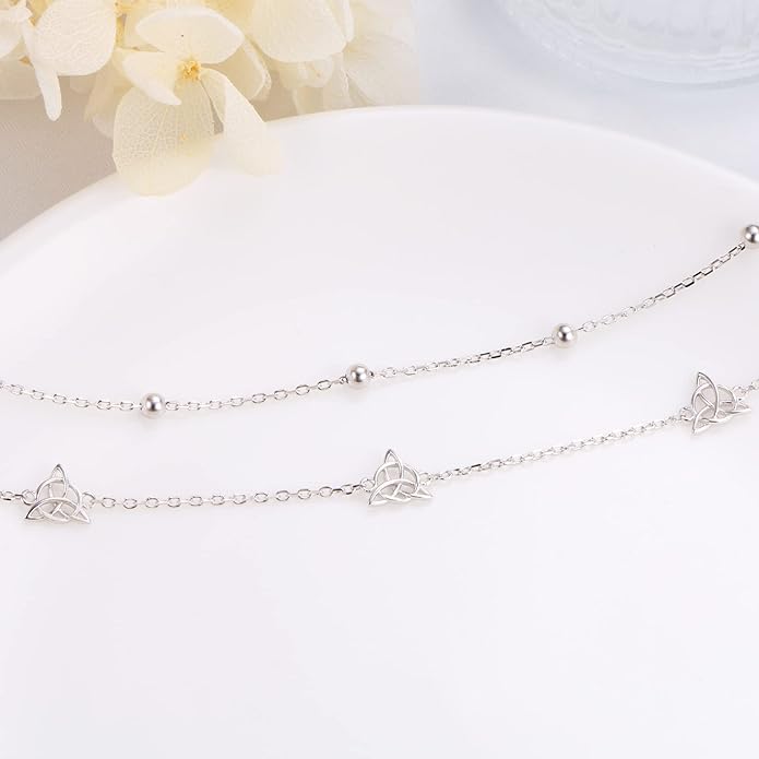 Anklet for Women S925 Sterling Silver Adjustable Foot Evil Eye Starfish Heart Bead Butterfly Celtic Knot Cross Multilayer Layered Ankle Bracelet Jewelry