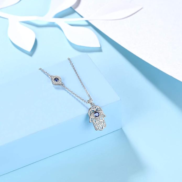 Evil Eye Necklace Evil Eye Hamsa Hand of Fatima Necklace 925 Sterling Silver Fine Jewelry Gifts for Womens White Blue CZ Third Eye Stud Earrings Turkish Eye Ring Hamsa Hand Jewelry Set Gifts Valentine Day Chrismtas Gifts