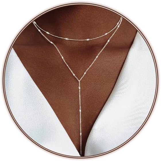 Lariat Silver/Gold Necklace for Women 925 Silver/14K Gold Plated Dainty Long Necklace Y-Shaped Drop Pendant Necklaces Choker Trendy Chain Simple Layered Necklaces CZ Jewelry for Women Set Gift
