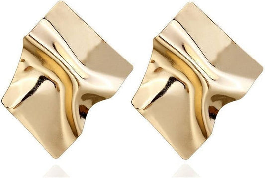 Statement Geometric Square Earrings for Women,14K Gold Plated Large Fashion Texture Irregular Minimalism Earrings,Trendy Ripple Boho Drop Dangle Earrings,Metal Modern Rectangle Retro 80s Jewelry