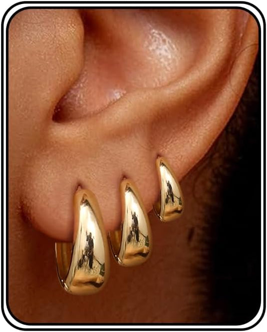 BESTEEL 3Pairs 14K Gold Plated Hoop Earrings Set for Women Chunky Earring Silver Plated Hypoallergenic Small Huggie Hoops Lightweight Tiny Thick Trendy Hoop Earrings Stacks for Multiple Piercing