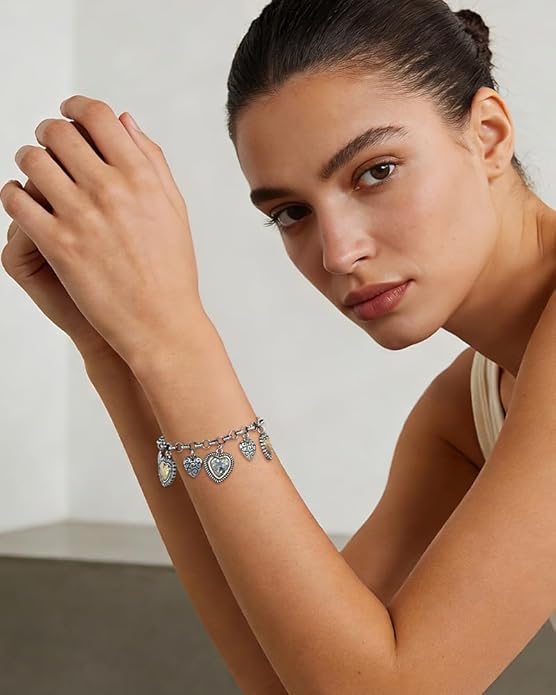 MYCUTEY Two Tone Heart Charm Bracelet for Women, Adjustable Cute Silver Chain Bracelets with Heart Charms, Trendy Love Bracelet for Daily Wear Mixed Metal Jewelry Valentines Day Gift