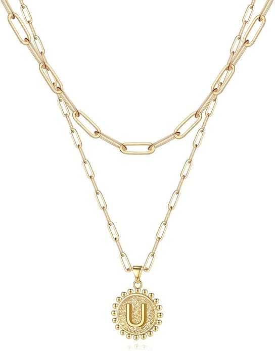 Ursteel Layered Initial Necklaces for Women, 14K-Gold-Plated Dainty Layering Paperclip Chain Necklaces for Women Jewelry