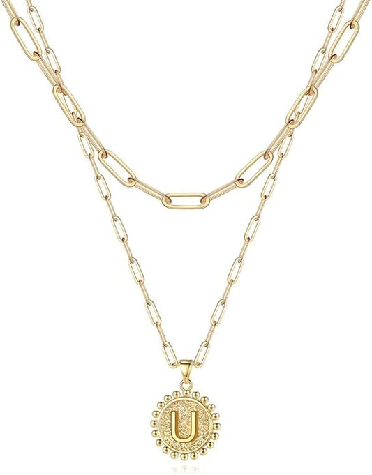 Ursteel Layered Initial Necklaces for Women, 14K-Gold-Plated Dainty Layering Paperclip Chain Necklaces for Women Jewelry