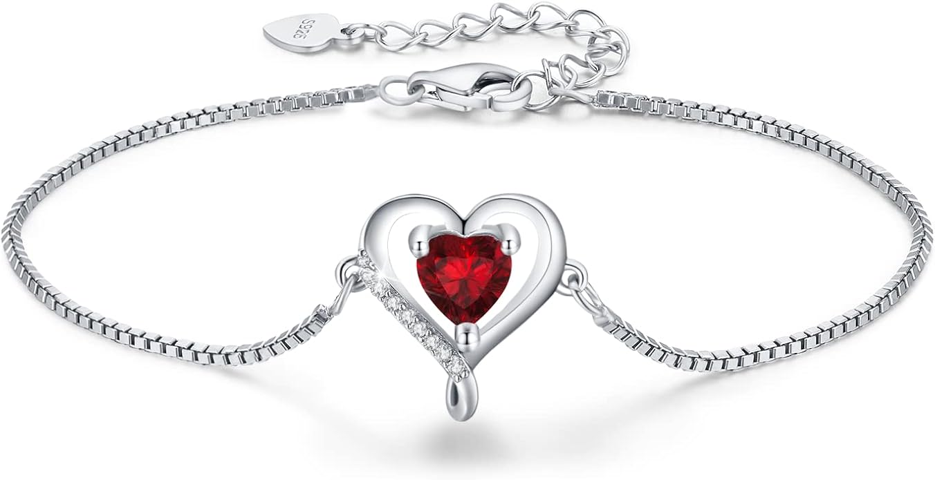 LAVUMO Love Heart Bracelets for Women 925 Silver Charm Birthstone Bracelet Adjustable Anniversary Birthday Jewelry Gifts for Women Girlfriend Wife Daughter Mom Her